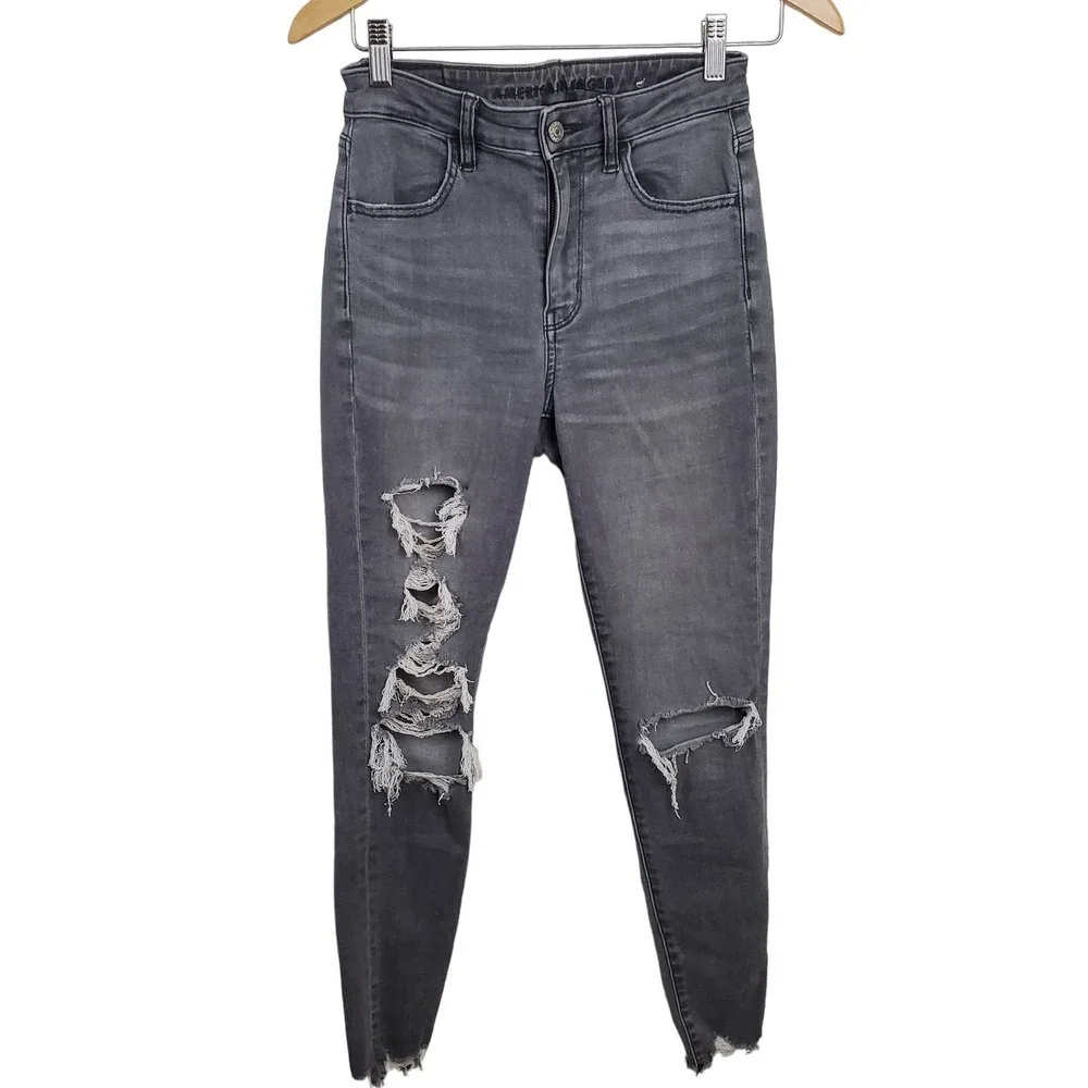 AMERICAN EAGLE | SUPER HIGH RISE JEGGING DESTROYED GRAY WASHED STRETCH RAW HEM 4